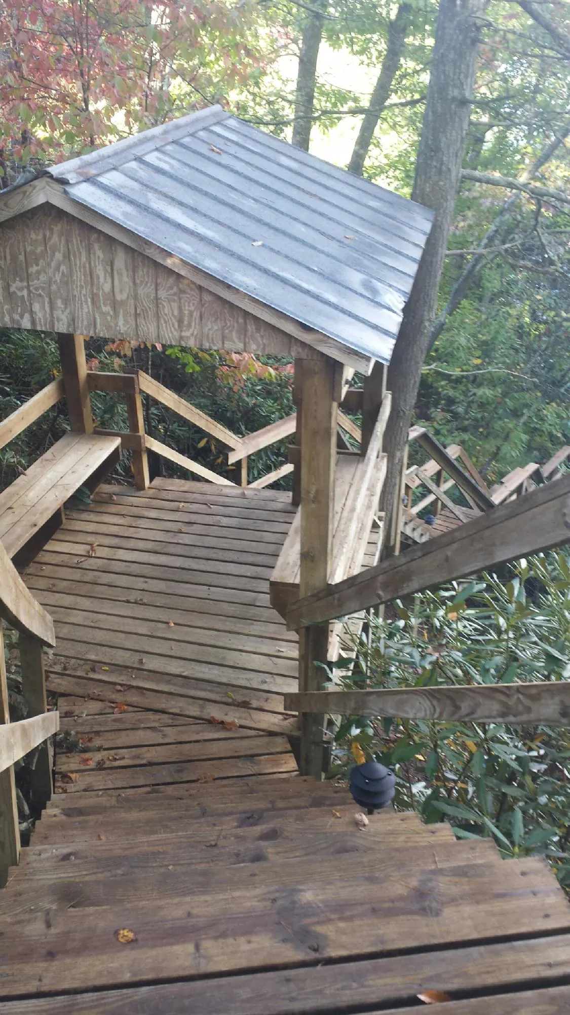Metal roofed shelter over wooden steps on a wooded walkway — Skylight Repair & Installation work by our crew in Clendenin